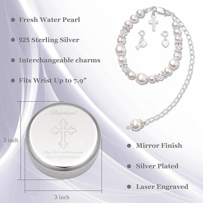 Tryuunion Baptism Bracelet in Sterling Silver and Cultured Pearls for Baby Girls, Comes with a Unique Silver-plated Jewelry Keepsake Box, Christening and Baptism Gifts For Girl, Includes 3 Charms