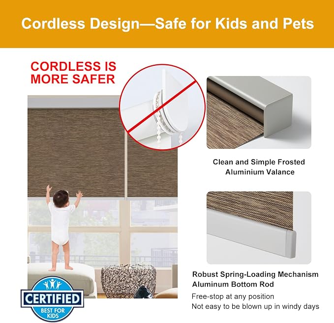 Persilux Free-Stop Cordless 100% Blackout Roller Blinds for Windows, Natural Woven Fabric UV Protection Privacy Thermal Insulated Roller Shades for Windows, Bedroom, Glass Door, Brown 28" W x 72" H