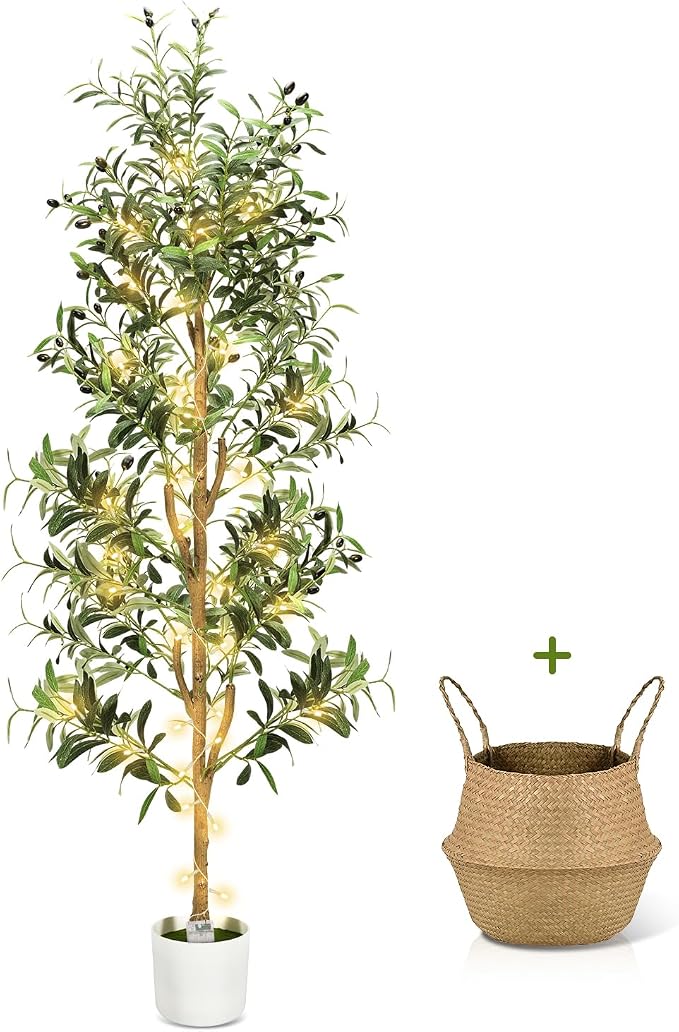 TNELTUEB Faux Olive Tree 6FT- Indoor Tall Artificial Olive Trees with Lights & Basket and Planter, Fakeplants Artificial Plants with Natural Wood Trunk and Realistic Fruits for Home Living Room Decor