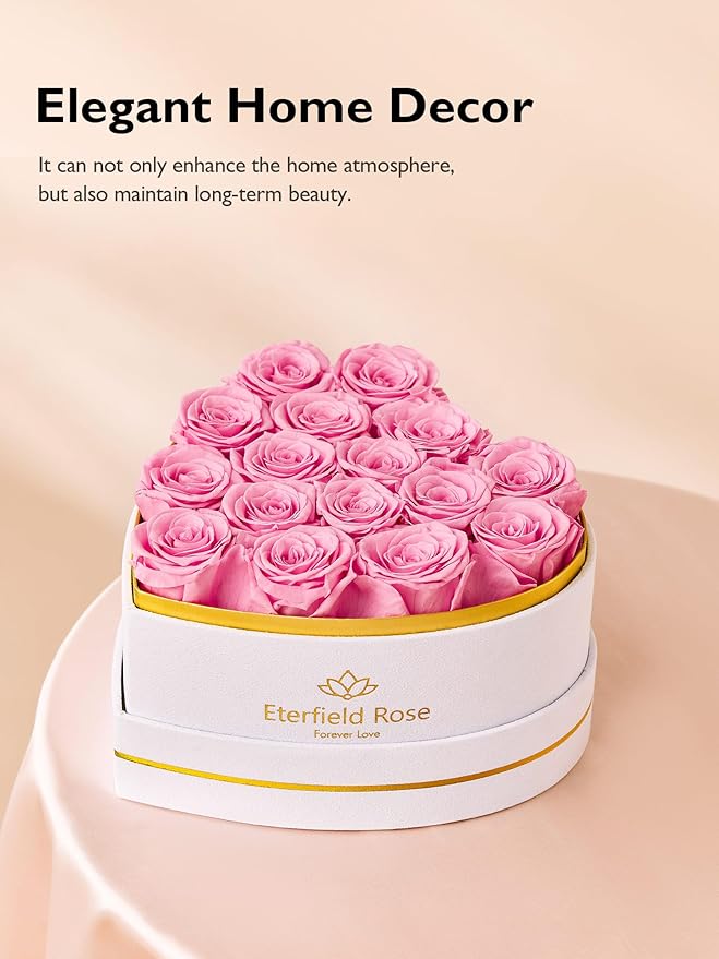 Eterfield 16 Forever Flowers in Heart Shape Box, Preserved Roses That Last a Year Preserved Flowers Birthday Gifts for Her Mom Women Wife Anniversary Valentines Day Mothers Day Christmas, Pink