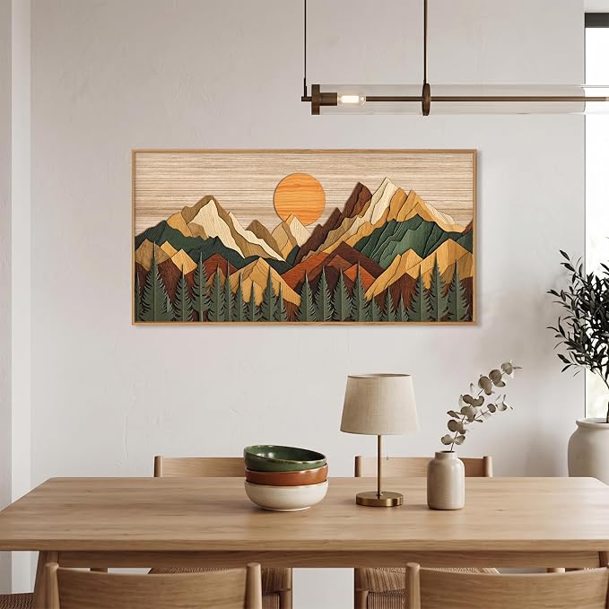 Celestdeco Large Woodcut Style Mountain Framed Canvas Wall Art Set,Woodsy Rustic Ridge Wall Decor,Boho Pine Tree Forest Wall Painting,Abstract Sunrise Wooden Art Print for Living Room,Bedroom,Office-20"X40"(Not-3D Effect)