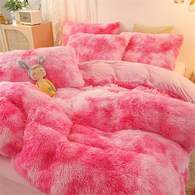 chovy Faux Fur Tie-Dyed Pink White Red Colorful Comforter Sets King - 3PC Bed Set Ultra Soft Plush Flannel Velvet Fluffy Fuzzy Bedding（Comforter x 1 Pillowcases x 2）