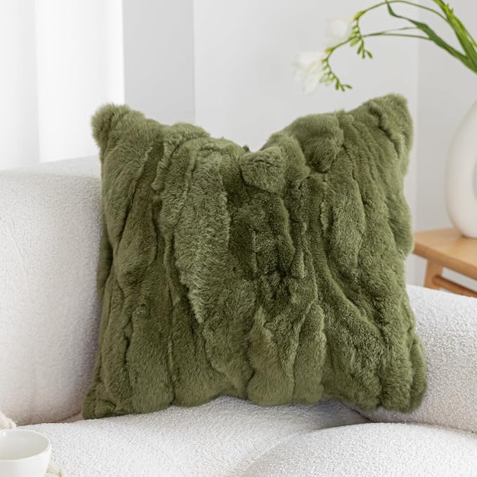 Genuine Rabbit Fur Throw Pillow Covers Set of 2,Luxury Decorative Pillowcases Soft Fluffy Animal Skin Accents Square Cushion Cover for Couch Sofa Bedroom Living Room Home,18x18 inch,Green