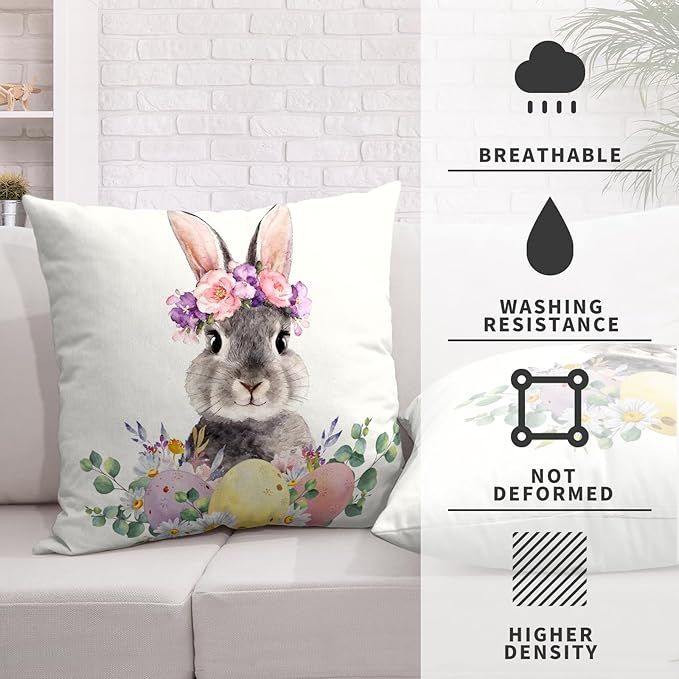 Lovely Bunny Throw Pillow Covers Spring Easter Pillow Covers Daisy Floral Colorful Easter Eggs Pillow Cases 22x22 Set of 2 Watercolor Rabbit Cushion Cases for Farmhouse Outdoor