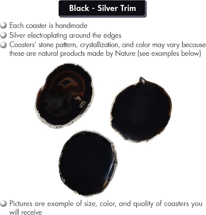 Nature's Decorations Black Silver Rimmed Agate Stone Coasters - Set of 4, Polished Geode Drink Mats for Dining & Coffee Table & Kitchen Geode Decor Non-Toxic 3.5-4” Diameter