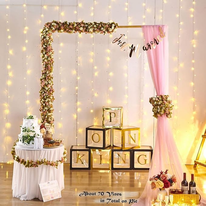 PONKING 8 Pcs x 8.2 ft Flower Garland Artificial Rose Vine Flowers with Green Leaves Hanging Fake Roses Vine for Room Party Home Wedding Birthday Christmas Wall Arch Decor, Pink White Flower
