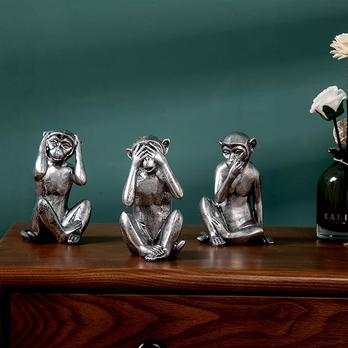 3 wise monkeys statue - hear no evil see no evil speak no evil monkeys statue for home decorations,monkeys figurines home decor accents,see no evil figurines monkey statues set of 3 silver color