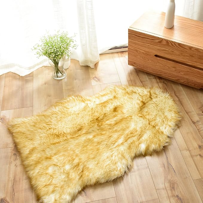 Carvapet 2x3 Luxury Faux Sheepskin Rug - Yellow and White Soft Fluffy Shaggy Area Carpet, Plush Fuzzy Throw and Small Furry Chair Cover Seat Pad for Bedroom Living Room