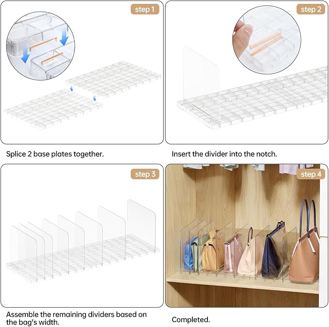PAVSTINE Purse Organizer for Closet, Stackable Handbag Storage Shelf, Adjustable Clear Shelf Dividers, Keep Clutch, Bag, Pocketbook Upright, for Bedroom