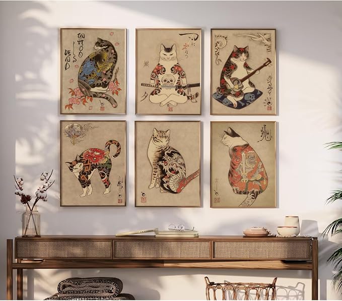 Japanese Cat Wall Art Samurai Cat Canvas Poster Anime Wall Decor Asian Prints Japan Painting Japanese Home Poster Tattoo Fantasy Artwork Funny Pictures for Living Room Bedroom 8x10x6 Inch Unframed