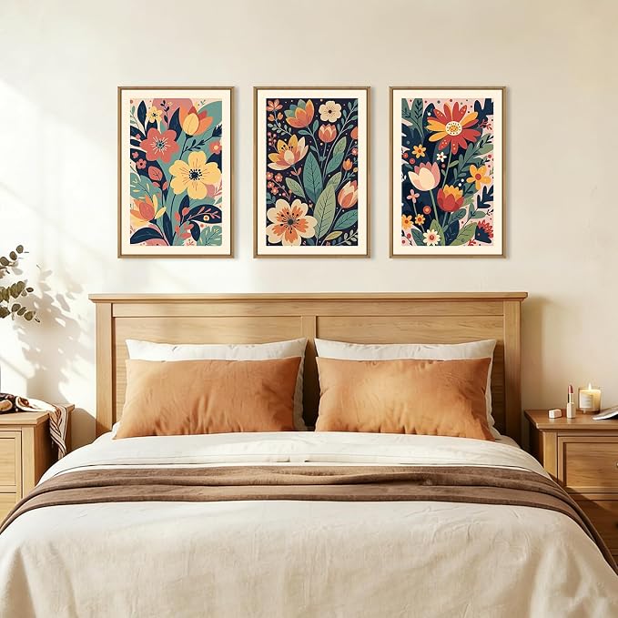 KAIRNE Vintage Colorful Floral Framed Canvas Wall Art Set,Mid Century Modern Flower Wall Decor,Retro Wildflower Art Prints,Boho Botanical Artwork for Living Room,Bedroom,Farmhouse,Office-16 x24 x3