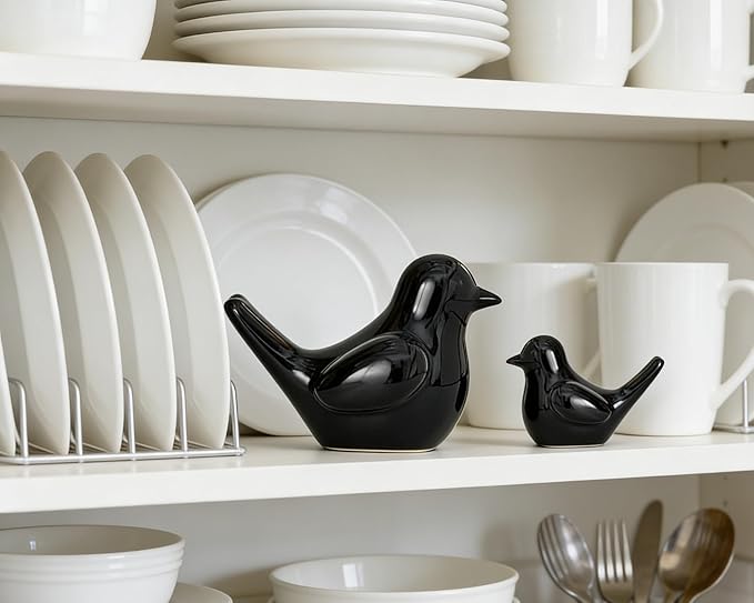Small Black Bird Statue Ceramic 2-Piece Set, 3¾ inch Cute Knick Knack for Home Office Shelf Desk Decor