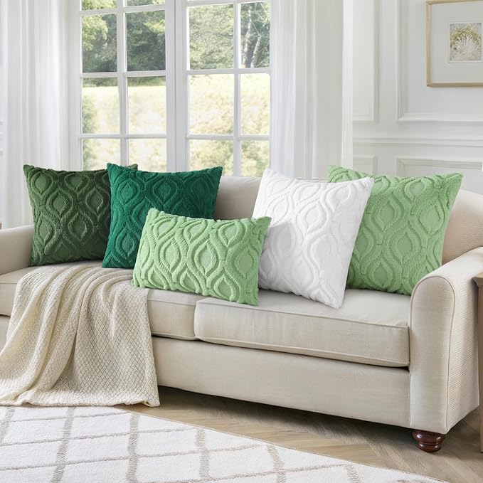 decorUhome Throw Pillow Covers 24x24 Inch Set of 2, Soft Plush Faux Wool Green Solid Couch Pillow Covers, Accent Euro Sham Farmhouse Neutral Square Pillow Cases for Sofa Bed Living Room