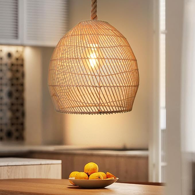 Arturesthome Mini Natural Rattan Pendant Light for Kitchen Island, Woven Lamp Shade Chandelier, Handmade Hanging Ceiling Light Lampshade, Rope Lamp D 9.8inx10.6in