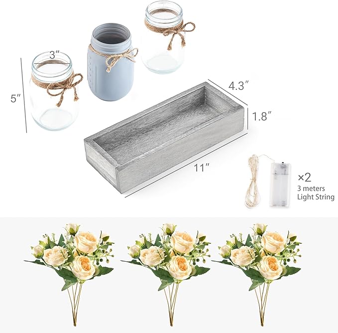 Mkono Mason Jar Lights Centerpiece Table Decor for Dining Room Farmhouse Wood Tray with 3 Jars Flowers Center Pieces Spring Decor for Coffee Table Kitchen Living Room, Grey Blue