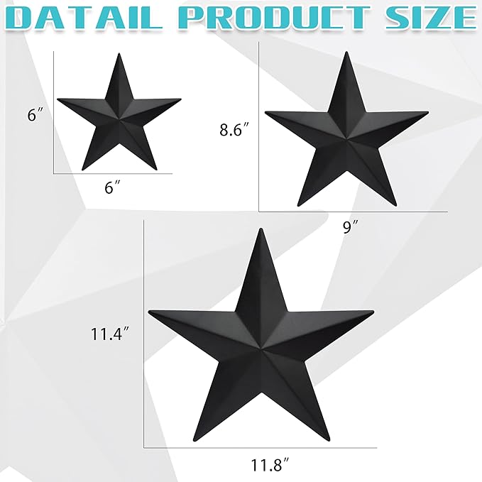 JoyEvy 6" 9”12"（3pieces Black Barn Star Wall Decor,Metal Stars Rustic Vintage Western Country Farmhouse Home Indoor or Outdoor Wall Decoration,Texas Stars for House Art Décor