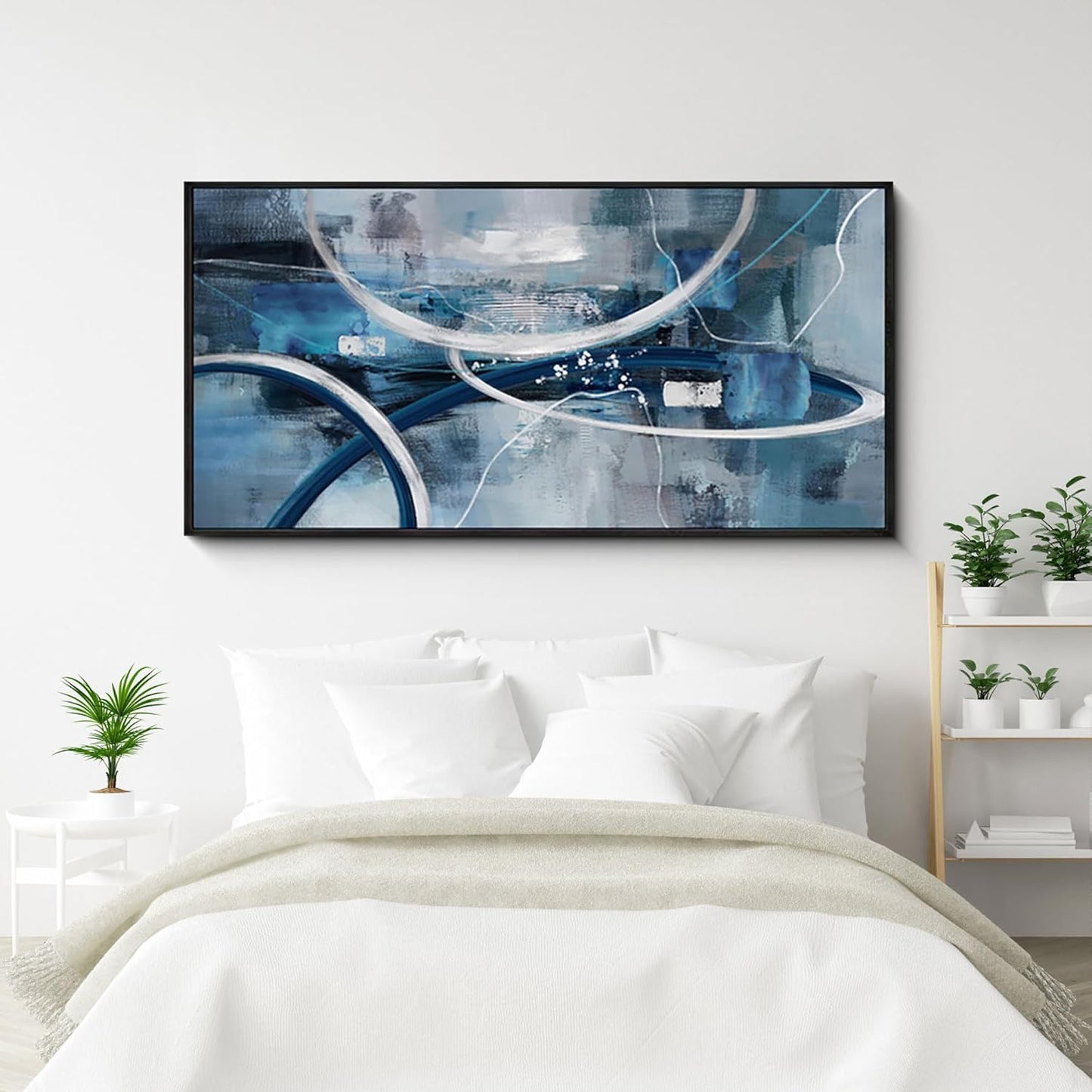 XLSJERST Large Abstract Canvas Wall Decor - Modern Living Room Wall Art Elegant Combination of Tones Black and White Gray Background Blue Gradient Picture Size 24x48
