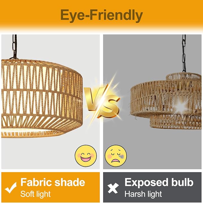 9"-52" Height Adjustable Farmhouse Chandelier Light Fixture, 5-Light Rattan Boho Chandeliers for Dining Room, Hand Woven Pendant Light with Linen Shade, Rustic Hanging Lighting for Kitchen Island