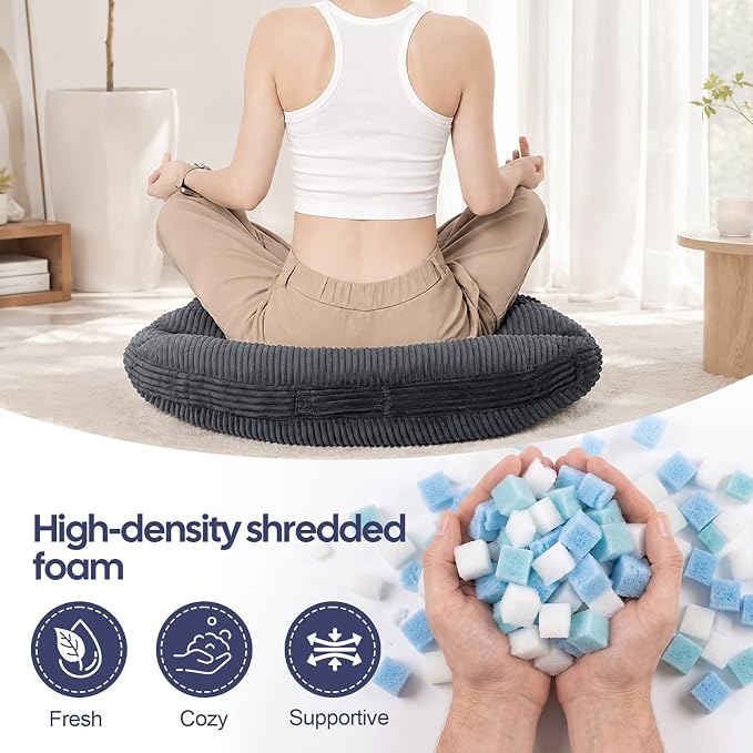 Meditation Cushion, 32 Inch Large Round Floor Pillow, Dark Grey | Soft Tufted Corduroy Meditation Pillow for Adults with Handle for Yoga, Cozy Meditation Mat for Reading and Tatami Seating