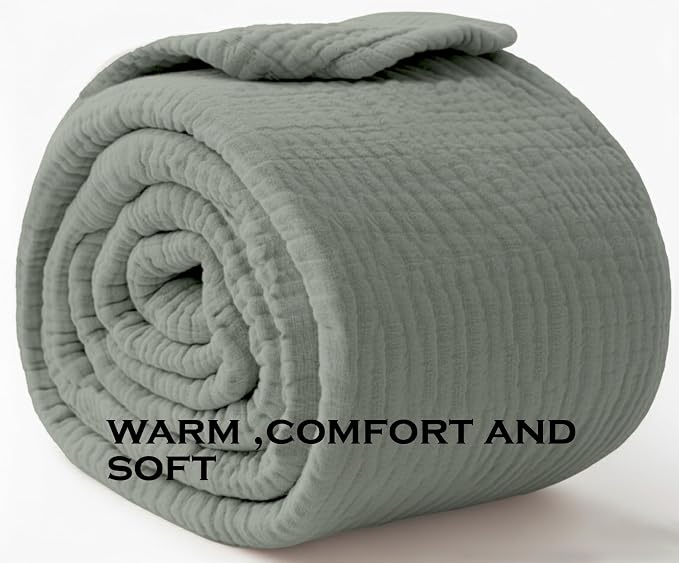 KyraHome 100% Organic Cotton Throw Blankets, 60"x80", Pre-Washed Plant Dyed, Lightweight Gauze Soft Muslin Blankets, Adults, Picnic, Travel, Summer, All Season, Sage Green