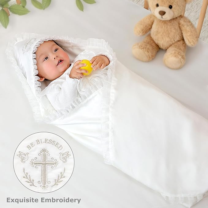 Tencel Baptism Baby Blanket – Lyocell Christening Blanket with Pleated Edge and “Be Blessed” Cross Embroidery, 39.4×39.4 in, Soft Heirloom Religious Gift for Boys & Girls