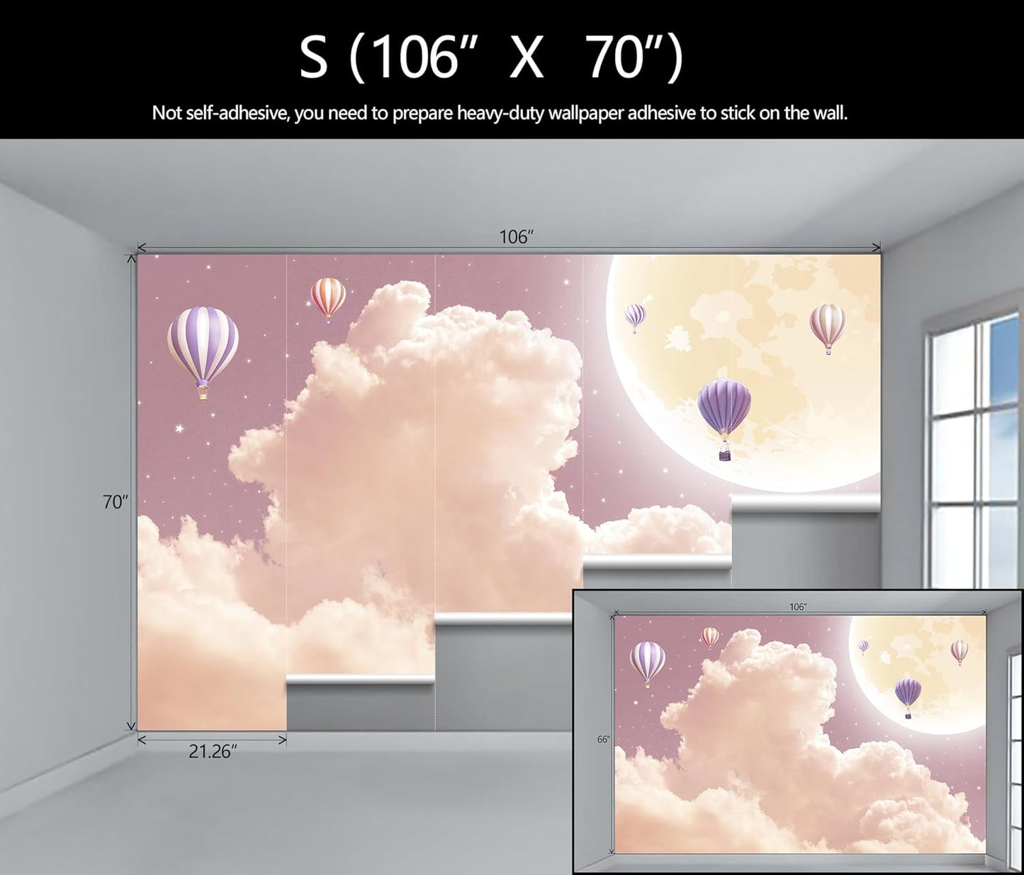 Pink and Purple Clouds Wallpaper Hand-Painted Hot Air Balloons Moon Wall Mural for Children's Room Girls Room (Not Peel and Stick)