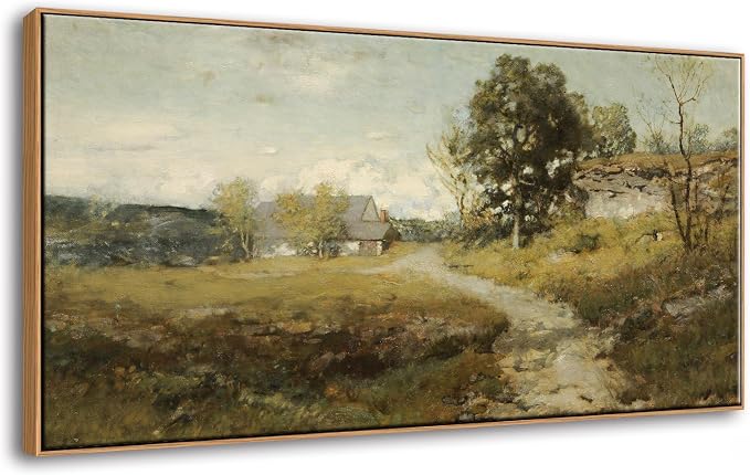 DJSYLIFE Vintage Country Road Framed Wall Art, Rustic Landscape | 20x40 Inch Canvas Print, Winding Path & Farmhouse Scene, Solid Wood Frame, Ready to Hang, Decor for Living Room, Bedroom