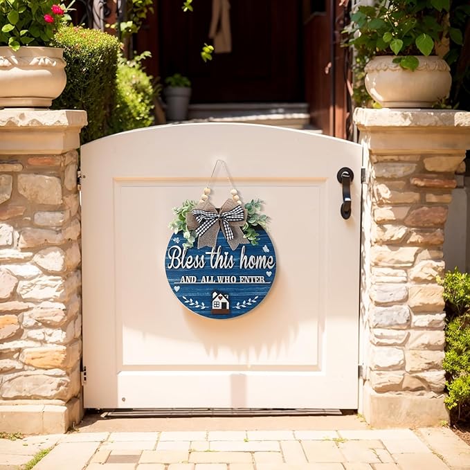 3D Bless This Home and All Who Enter Wooden Front Door Signs，Door Decorations Hanging,Christian Jesus Home Porch Wall Decor，Spring Wreaths，Door Wreaths for Front Door Outside All Season（Blue）