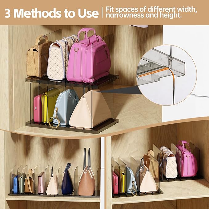 PAVSTINE Purse Organizer for Closet, Stackable Handbag Storage Shelf, Adjustable Clear Shelf Dividers, Keep Clutch, Bag, Pocketbook Upright, for Bedroom (Black)