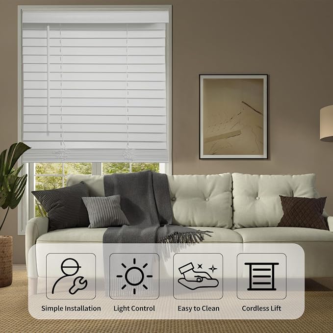 MYshade 2" Cordless Faux Wood Blinds, 68" W x 72" H, Slat Horizontal Blinds with Crown Valance, Room Darkening, Moisture Resistant, Window Blinds for Home Interior, White