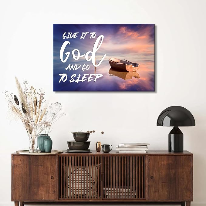 Give it to God and Go to Sleep Sign Wall Decor Master Bedroom Above Bed Christian Wall Art Beach Picture for Living Room Home Decorations Scripture Canvas Painting Wood Framed Modern Artwork 20x30''