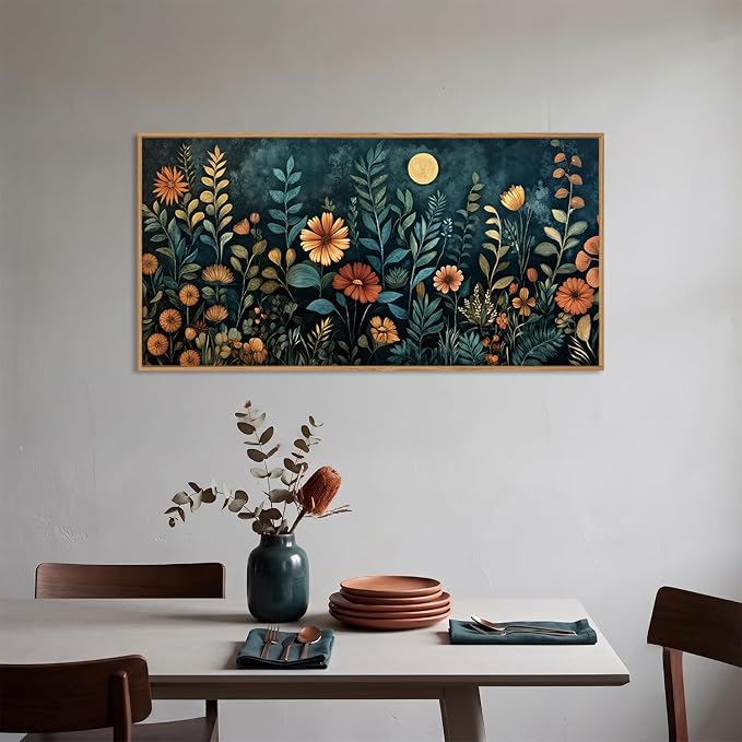 Vintage Dark Botanical Framed Canvas Wall Art Set,Colorful Floral Wall Decor,Moody Blue Wildflower Wall Painting,Nature Blossom Flower Art Prints for Living Room,Bedroom,Office-20 X40 x1