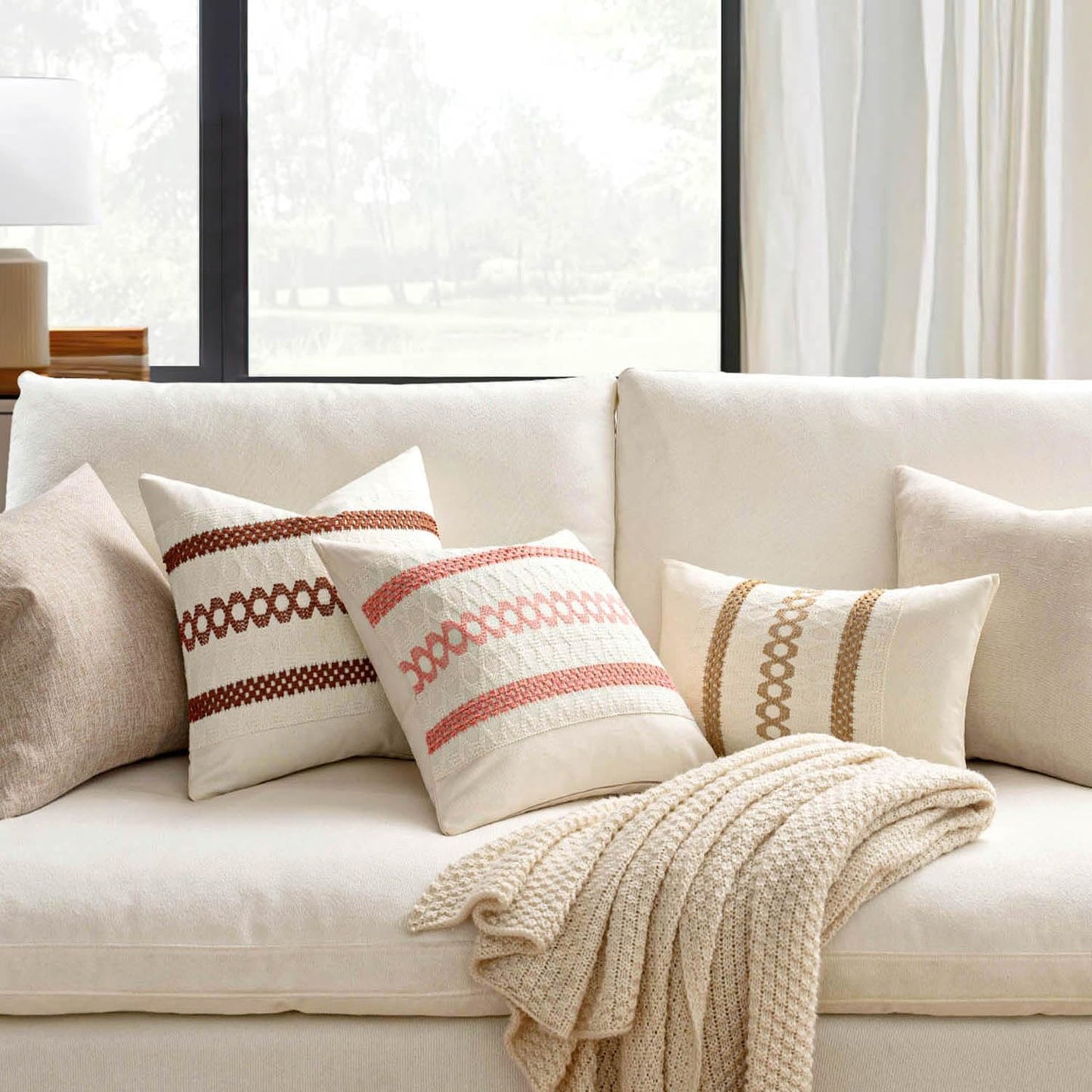 MIULEE Set of 2 Coral Red Boho Decorative Pillow Covers 18x18 Inch Farmhouse Rustic Couch Throw Pillows Modern Summer Cotton Cushion Covers Retro Cute Macrame Woven Home Decor for Bed Sofa Chair