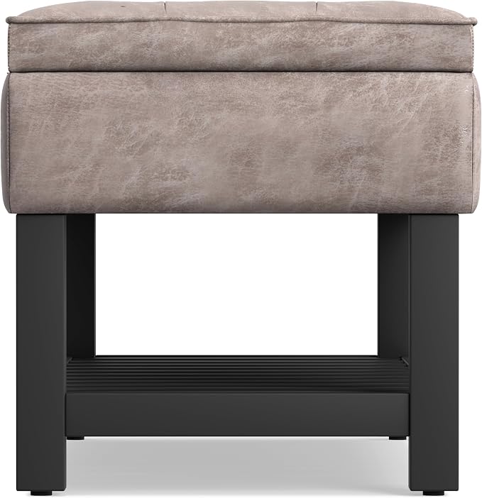SIMPLIHOME Cosmopolitan Storage Ottoman Bench - 44 inch Wide Upholstered Vegan Leather Rectangle Storage Ottoman in Distressed Grey Taupe, Transitional Bench for Bedroom with Tufted Lift-Top and Shelf