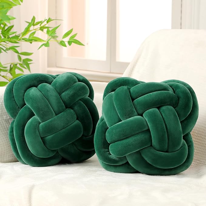 Beeveer 2 Pcs Knot Pillow Balls Set, 12 Inch Soft Decorative Throw Knot Pillow Ball, Large Square Knotted Floor Cushion for Living Room Bedroom Sofa Couch Bed Home Decoration(Dark Green)