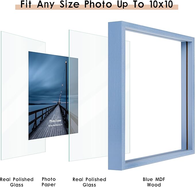 MUYE 10x10 Floating Frame Set of 2,Double Real Glass Square Photo Frame,Display Any Size Photo up to 10x10,Wall Mount or Tabletop Standing,Blue