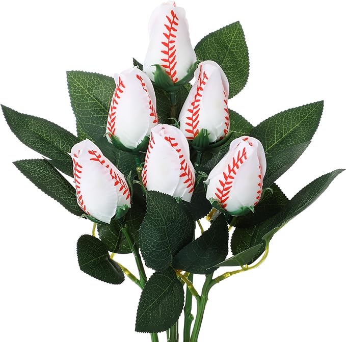 Suhine 6 Pcs Artificial Baseball Rose Flowers Sports Party Favors Bulk for Birthday Graduation Wedding Party Decorations Table Centerpieces Game Prizes Senior Night Gifts(Baseball Color, Normal)