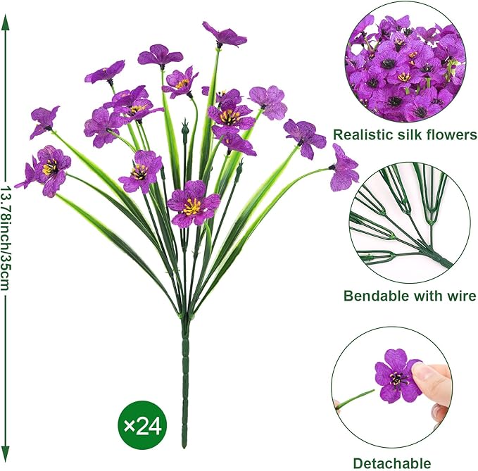 Ouddy Decor 24 Bundles Artificial Flowers for Outdoors Fake Silk Flowers UV Resistant Faux Plastic Plants for Indoor Outdoor Vase Box Garden Porch Window Box Home Spring Summer Decor, Purple