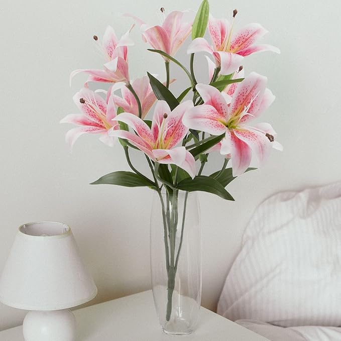 SNAIL GARDEN 12 Artifical Lily Flowers with 9 Heads Full Bloom Lily & 3 Buds, Long Stem Artificial Stargazer Lilies, Faux Tiger Bouquets for Home Hotel Flower Arrangement Party Decor