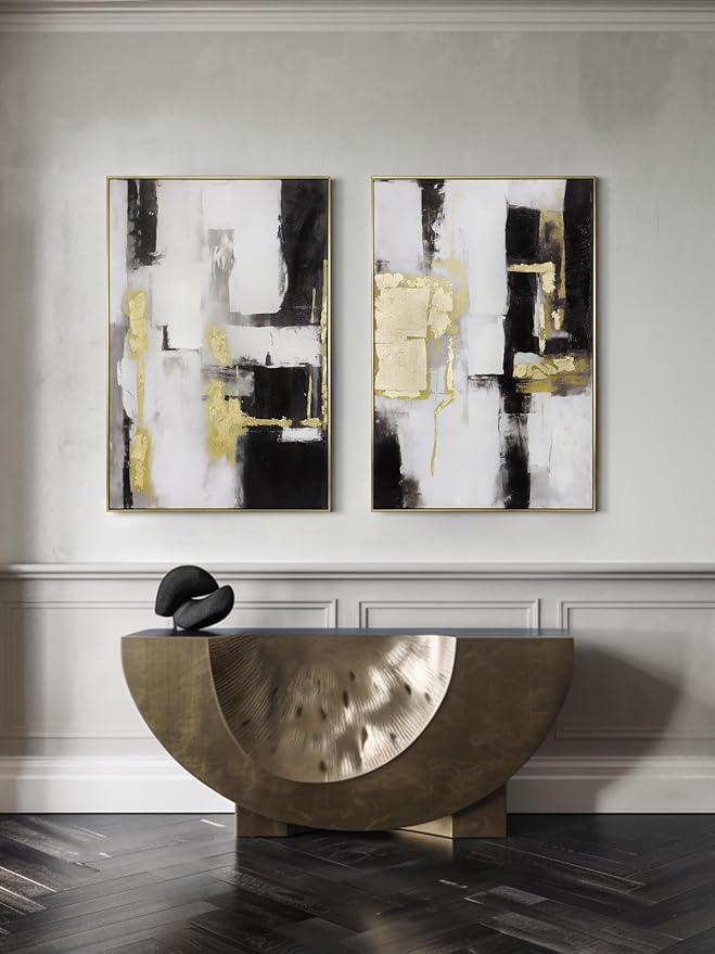 Modern Abstract Wall Art Decor- Black and Gold, 24x36 inch x 2, Framed - Ideal for Large Living Room or Bedroom
