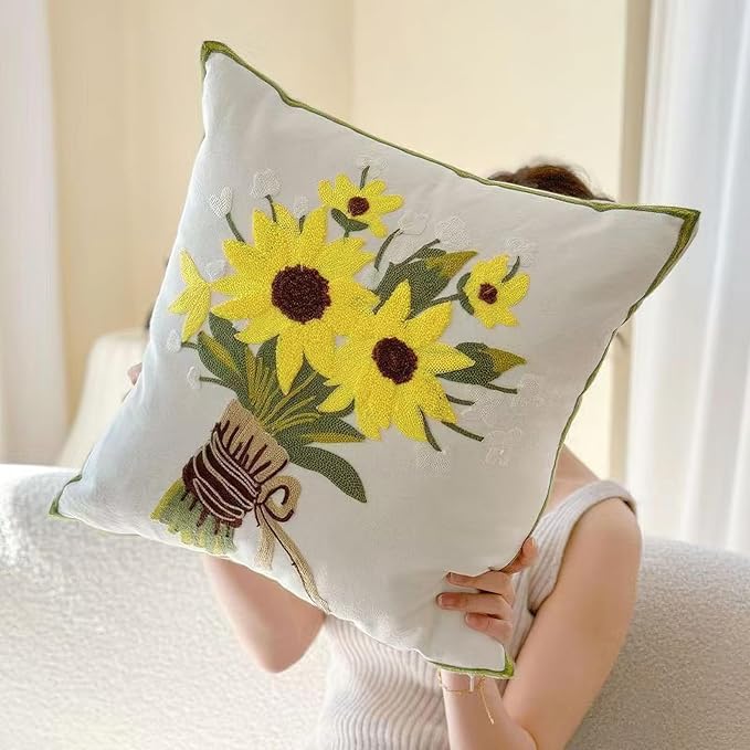 Embroidery Throw Pillow Covers Yellow Floral 18x18 Inch Decorative Cushion Case Tied Sunflowers 100% Cotton Home Decor Embroidered 45x45cm Tied Sunflowers Design, 1 Piece
