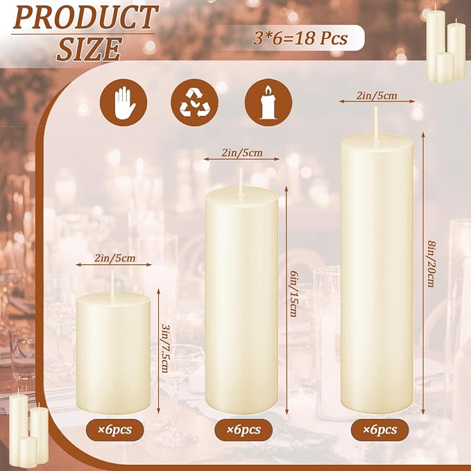 Ivroy Pillar Candles Bulk Set of 18，Hurricane Candles，3 Different Lengths 2 x 3/6/8 Inch (6 Each)，Dripless Unscented Smokeless，Gives You a Better Atmosphere When Organizing an Event Party.