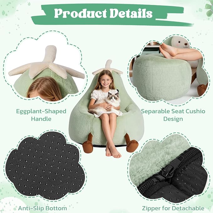 2.5FT Memory Foam Bean Bag Chair - Ultra Soft Faux Rabbit Fur Sofa with Handle & Machine Washable Cover, Comfy Lazy Chair for Kids Teens, Perfect for Reading Gaming in Living Room Bedroom，Green
