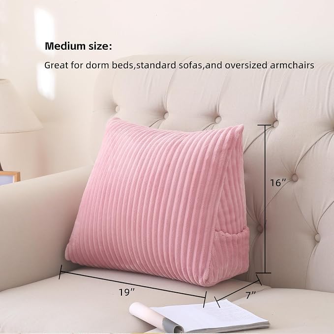 Corduroy Wedge Reading Pillow for Bed, 3 Sizes, 4 Colors for Bed, Sofa, Office Chair (Pink, Medium 19 * 16 * 7in)