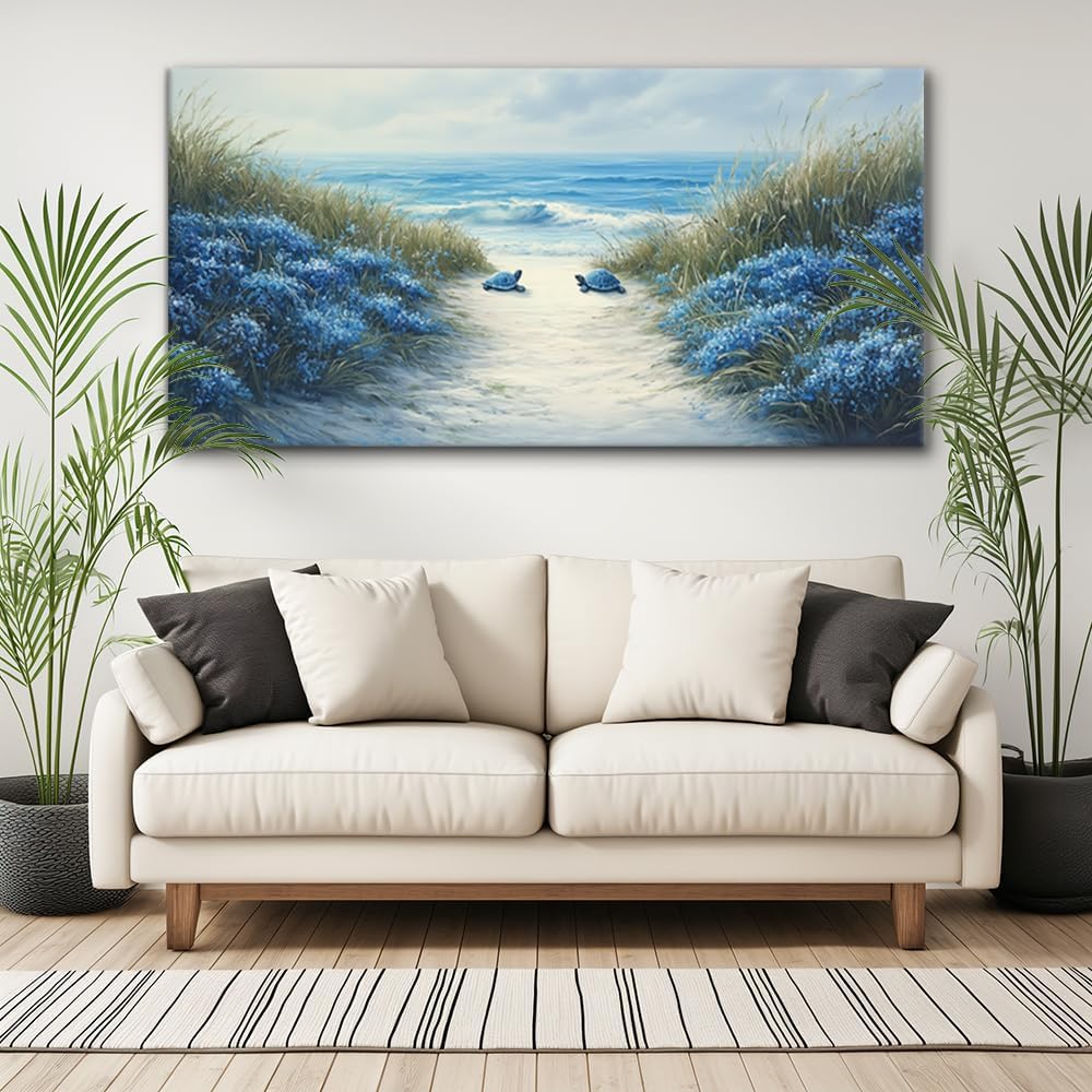 LASMOND Romantic Beach Wall Art for Living Room Blue Sea Turtle Lovers Canvas Painting Prints Ocean Sandy Romance Flowers Large Bedroom Office Decor Artwork (58x28 Inches)