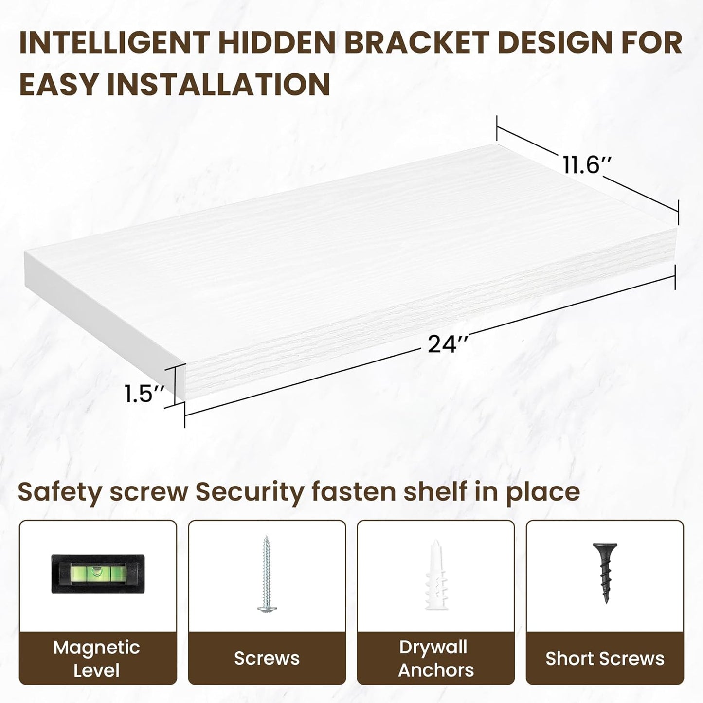 24 Inch Floating Shelves, 12 Inch Deep Floating Shelves for Wall, Floating Shelf with Invisible Brackets, Deep Shelves for Bathroom, Bedroom, Living Room, 2 Pack, White