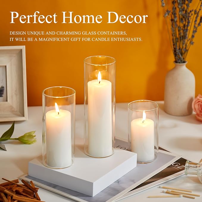 Set of 12 White Pillar Candles with Clear Glass Hurricane Holders- Elegant Cylinder Candle Vases for Weddings, Parties, Centerpieces, Home & Office Decor (White, 12 Set)