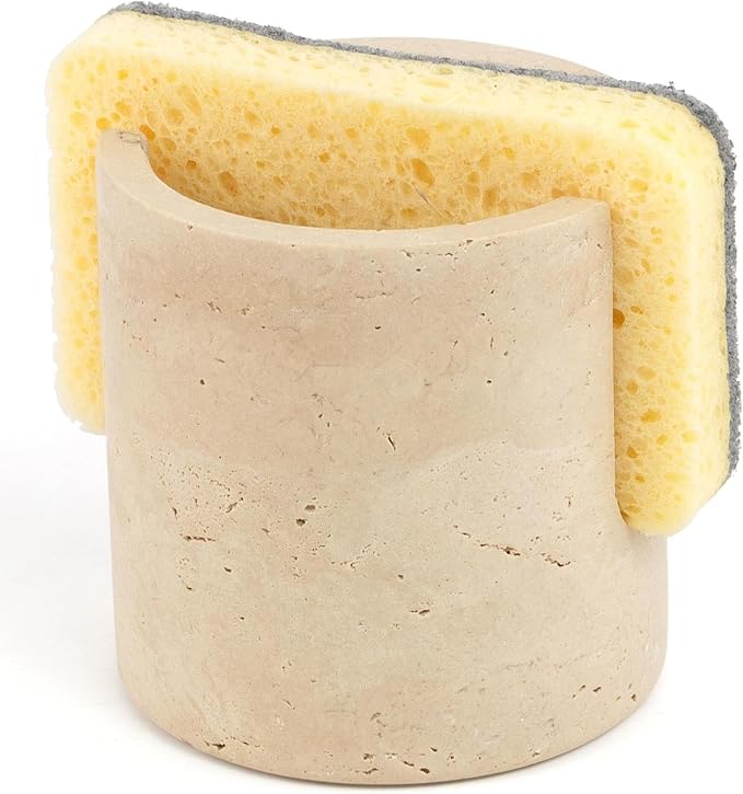 Natural Marble Sponge Holder, Sink Caddy for Kitchen Counter, Marble Decor Dish Sponge Holder with Anti-Slip Pad for Kitchen Sink Countertop, Fast Drying Rack, Sponge Caddy - Travertine
