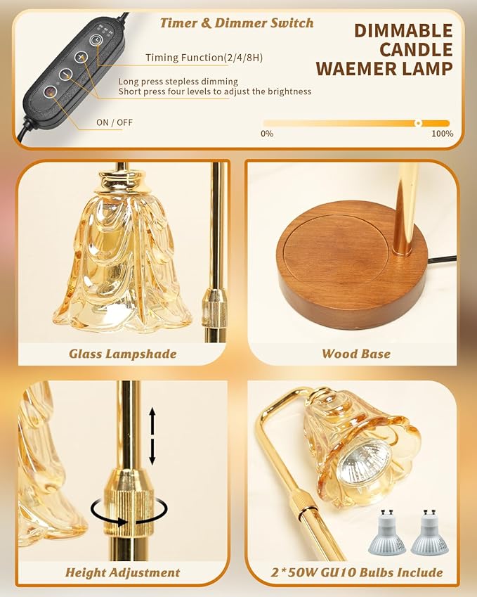 SupBri Tulip Candle Warmer Lamp, Adjustable Height, Dimmable Candle Warmer with Timer, Mom Womens Gifts for Birthday, Unique Home Decor Aesthetic (Gold)