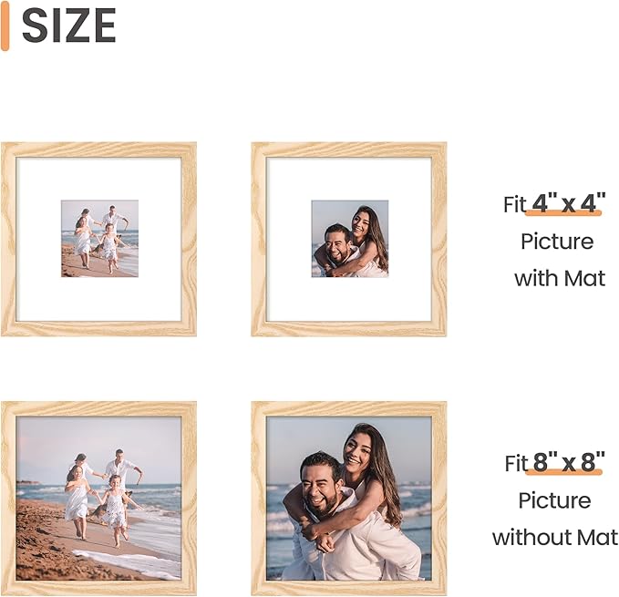 upsimples 8x8 Picture Frame, Display Pictures 4x4 with Mat or 8 x 8 Without, Wall Hanging Photo Frames, Natural, 1 Pack